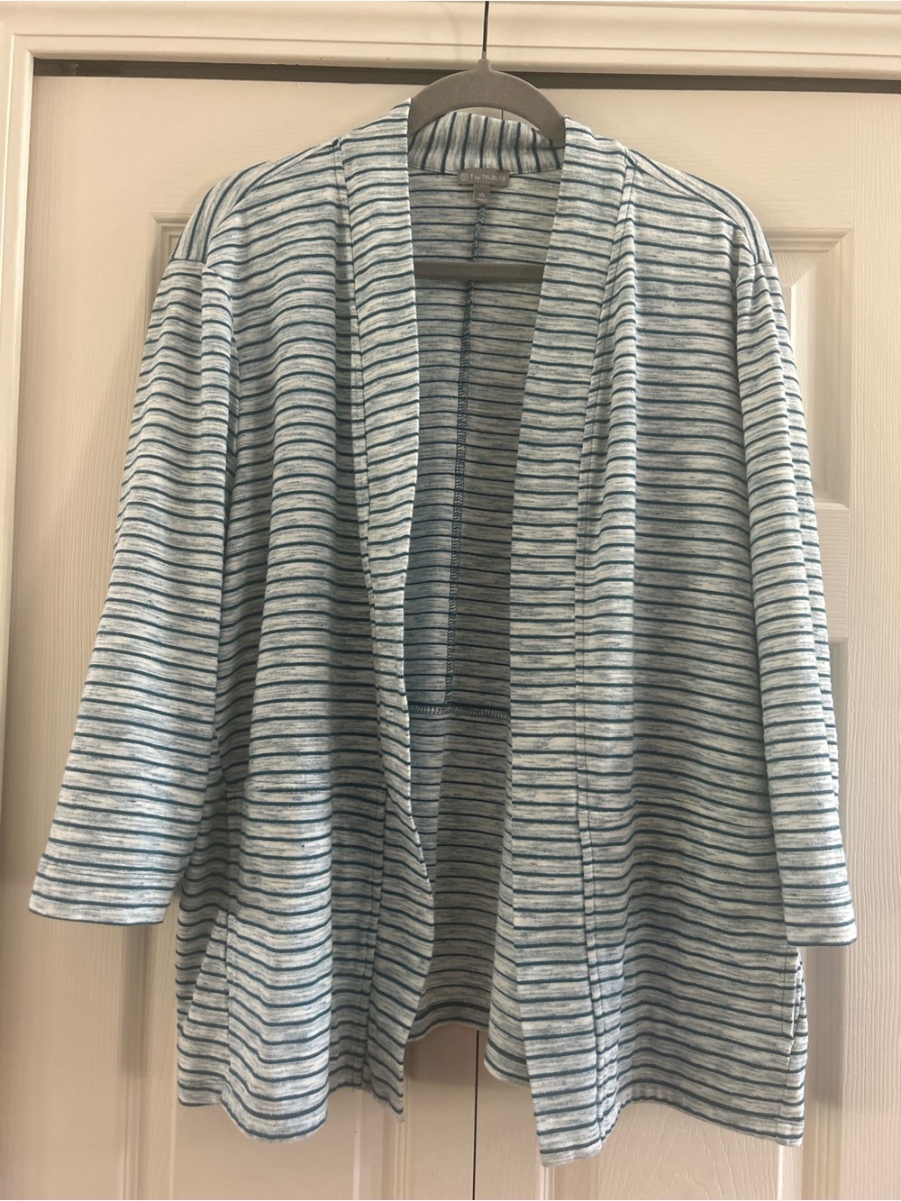 T By Talbots Open Cardigan Jacket Womens Size XL Striped Blue Teal Pockets